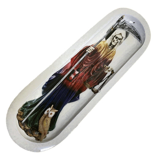 White, hand painted incense burner painted with the rainbow Santa Muerte holding the scales of justice and a scythe with an owl at her feet.
